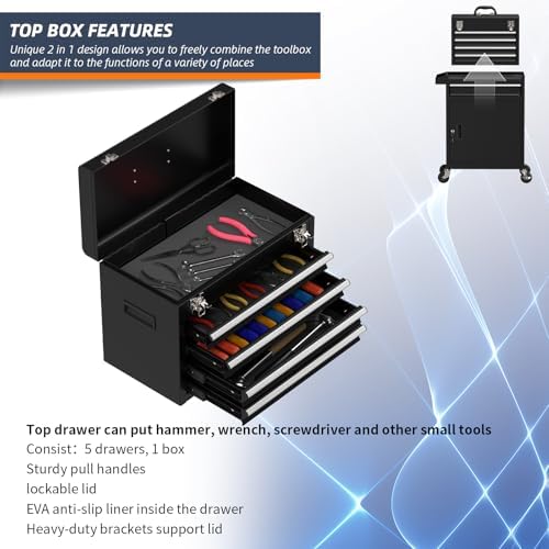 5-Drawer High Capacity Rolling Tool Box, Removable Cabinet Storage Tool Chest...