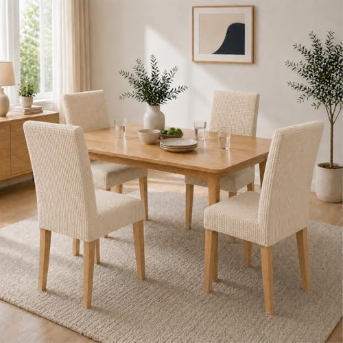 Waterproof Dining Chair Covers, Heavyweight Stretch Jacquard Chair Slipcovers Removable and Washable Chair Covers Seat Parson Chair Slipcover for Dining Room and Kitchen (Beige, Set of 4)