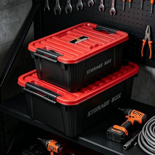 2 Pack Heavy Duty Storage Box with Lid, Stackable Plastic Storage Bins (21 QT...