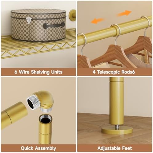 3-Bay Industrial Pipe Closet System, Wall Mounted Garment Racks, Gold
