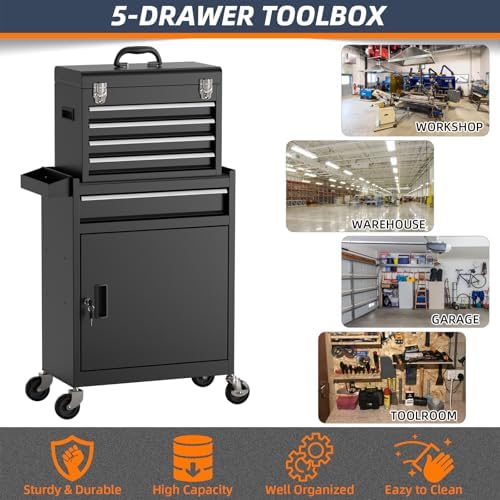 5-Drawer High Capacity Rolling Tool Box, Removable Cabinet Storage Tool Chest...
