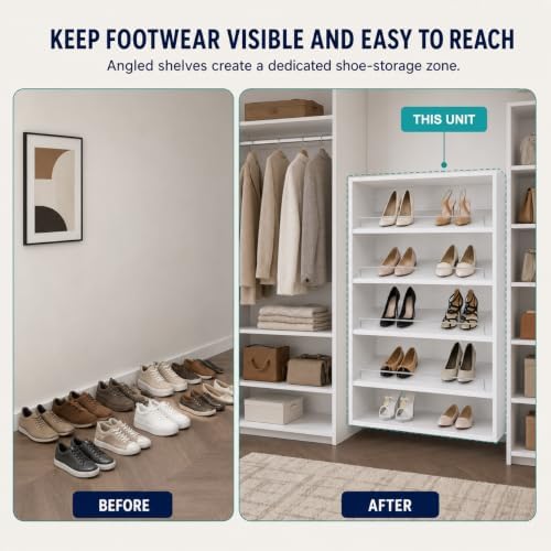 Wall-Mounted Wood Closet Shoe Organizer with Shelves, 25.5", White
