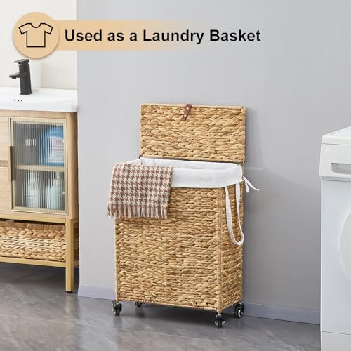 Slim Rolling Laundry Hamper with Lid and Wheels (Natural, 85L)