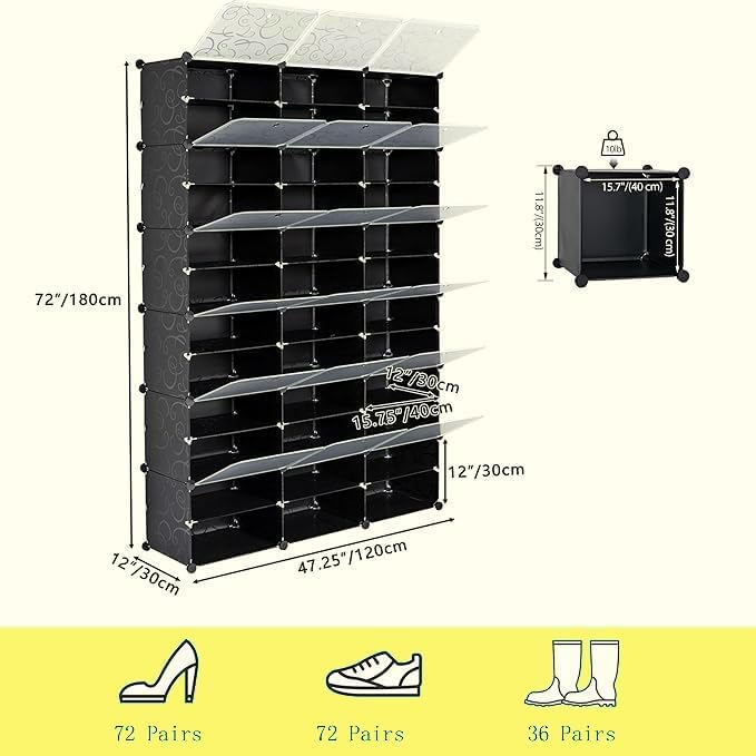 12-Tier Portable 72 Pair Shoe Rack Organizer, 36 Grids Tower Shelf Storage Ca...