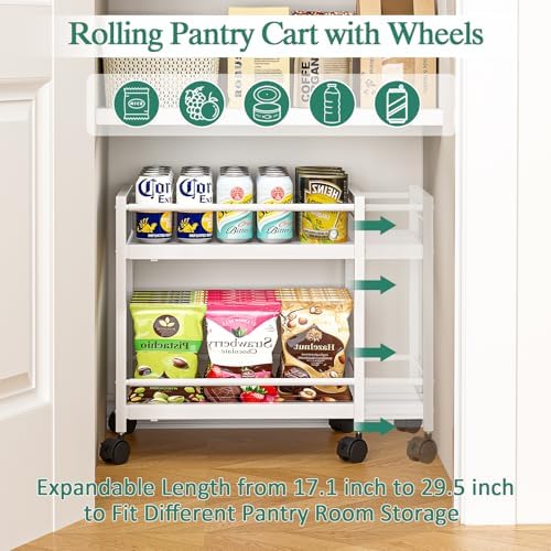 2-Tier Expandable Rolling Pantry Cart with Wheels, Adjustable Floor Organizer...