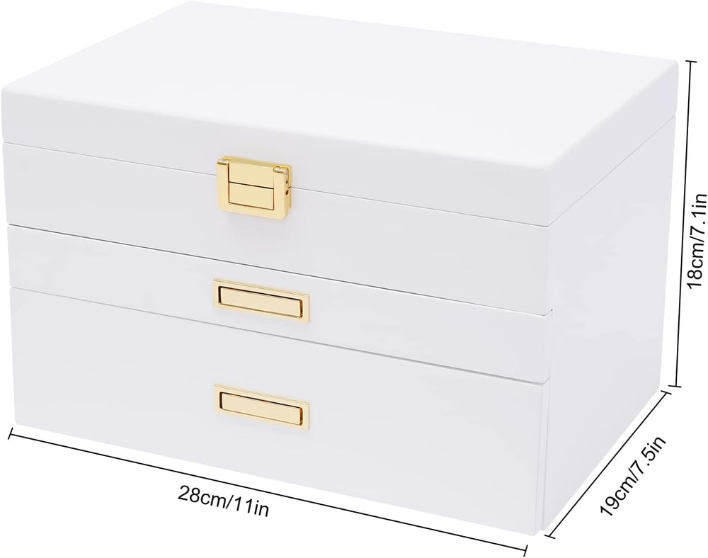 3 Layers Jewelry Storage Box with 2 Drawers, Large Wooden Jewelry Box for Wom...