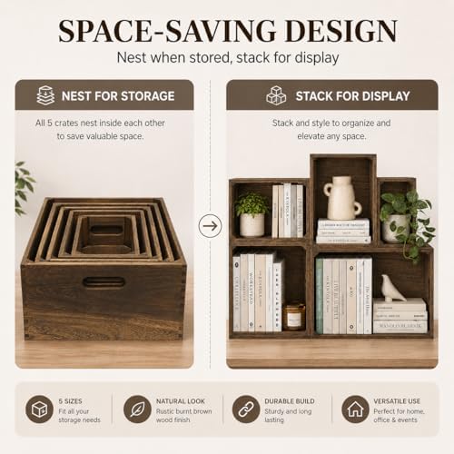 5 Pack Wooden Crates for Display Nesting Wood Crate for Storage with Handle