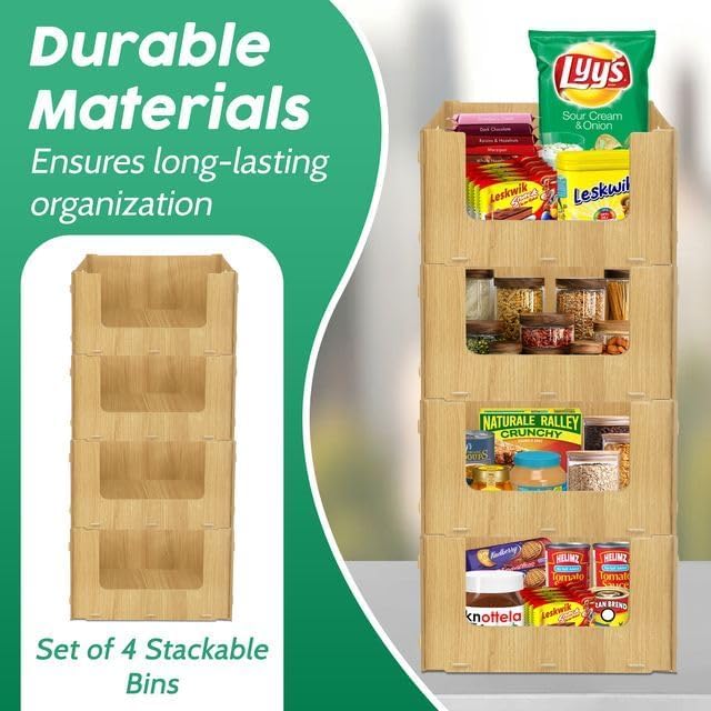 Skywin Wooden Stackable Storage Bins Open Front for Pantry Storage, 4 Pack