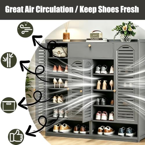 7 Tier Bamboo Shoe Cabinet - Shoe Storage Cabinet with Doors, 35-40 Pairs Bam...