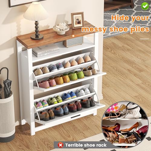 Shoe Storage Cabinet with 2 Flip Drawers, 4 Tires Farmhouse Shoe Organizer wi...