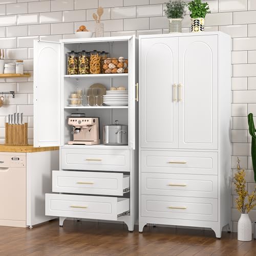 Polup 75" Tall White Metal Pantry Storage Cabinet with 3 Drawers