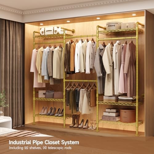 3-Bay Industrial Pipe Closet System, Wall Mounted Garment Racks, Gold