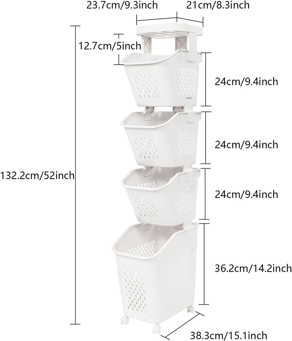 4-Tier Rolling Laundry Hamper, Plastic Laundry Cart Organizer with Wheels, Co...