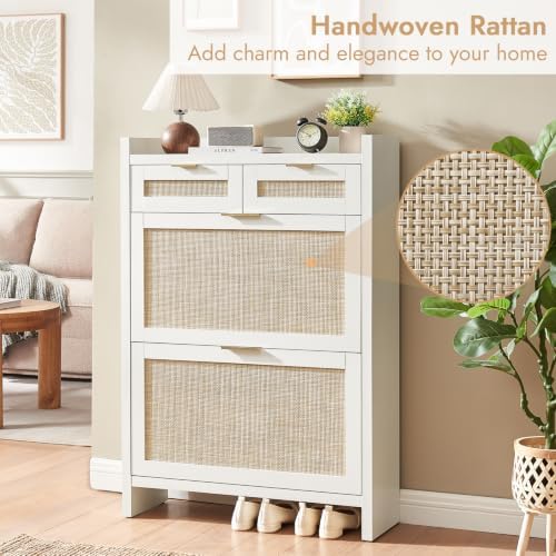 HOKYHOKY Rattan Shoe Storage Cabinet with 2 Drawers & 2 Flip Drawers