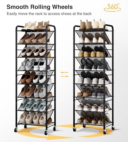 STO STO 8-Tier Narrow Shoe Rack with Lockable Wheels, Double-Sided Vinyl Mesh...