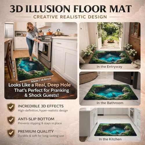 3D Optical Illusion Bath Mat, Diatomaceous Earth Bathroom Mat with Non-Slip Rubber Backing, Super Absorbent Quick Dry Floor Mat for Bathroom, Bedroom, Entryway (3d-L-19.69×31.50in)