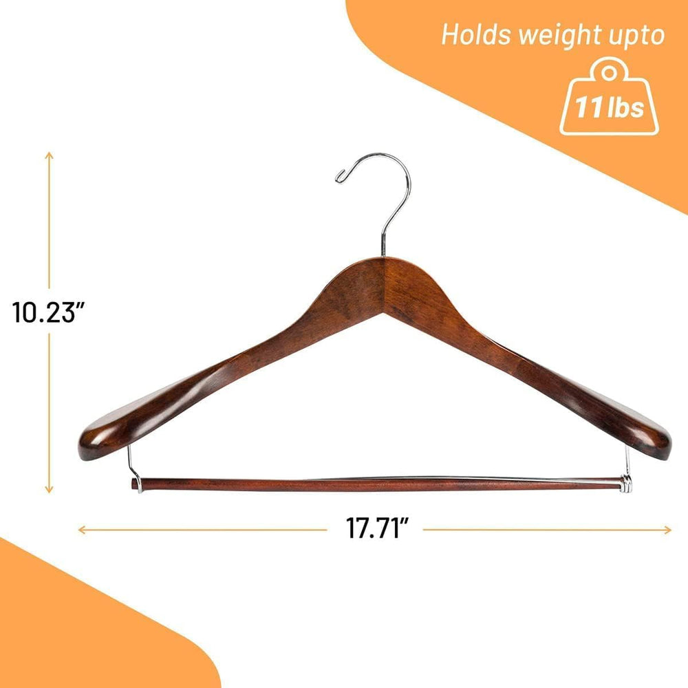 Wide Shoulder Wooden Suit Hangers with Non-Slip Pants Bar & 360° Swivel H...
