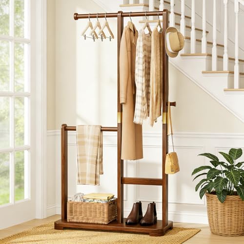 Solid Wood Coat Rack Freestanding Double Rod Clothes Rack Space Saving