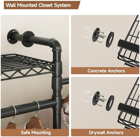 ComfyCorner Wall Mounted Garment Rack, Industrial Pipe Clothing Rack Black