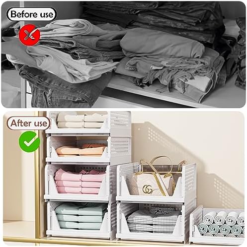 5 Pack Folding Closet Organizers Storage Box, Stackable Storage Bins, Plastic...