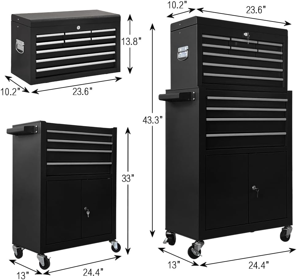 13-Drawer Tool Chest with Double Door and Wheels, 2 in 1 Detachable Rolling T...