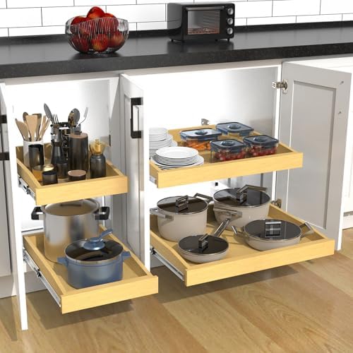 2 Tier Pull Out Cabinet Organizer, 17"W x 21"D Solid Wood Heavy-Dut...