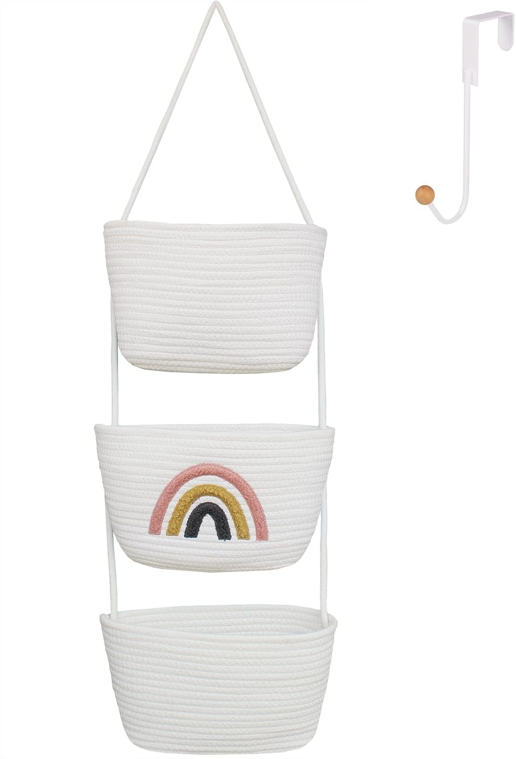 Over the Door Hanging Basket for Organizing 3 Tiers Woven Cotton Rope Wall Mount Storage basket Decorative Kitchen Hanging Organizer Bathroom include 1 door hook Rainbow White