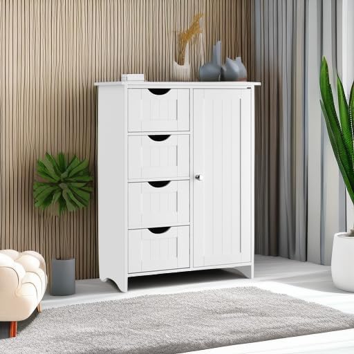 JUMMICO Bathroom Storage Cabinet, Floor Cabinet with 4 Drawers and 1 Adjustab...