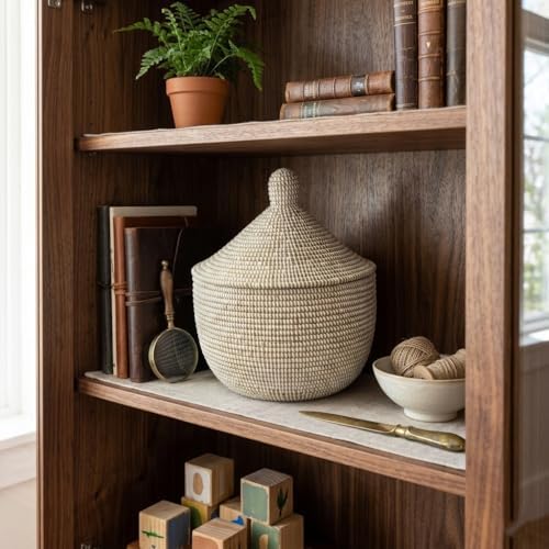 Handwoven Senegalese Basket with Lid Storage Organizer 14"D x 8.5"H