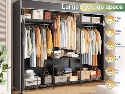 Raybee Clothes Rack, Heavy Duty Portable Closet with Cover, 3 Rods, 800LBS