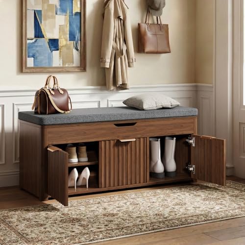 37.4" W Shoe Bench with Storage, Lift Top Entryway Bench, Walnut