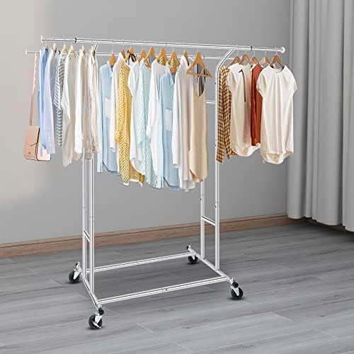 Fishat Silver 60" H Heavy Duty Double Rod Rolling Garment Clothes Rack