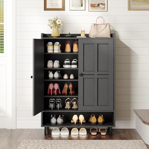 ONBRILL Shoe Cabinet with Cross Molding Doors, 6-Tier Shoe Storage(Black)