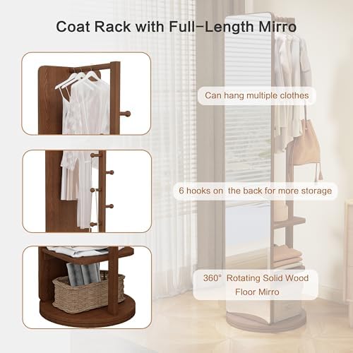 BOWEI Solid Wooden Coat Rack, Free Standing Coat Stand with Full Length mirro...