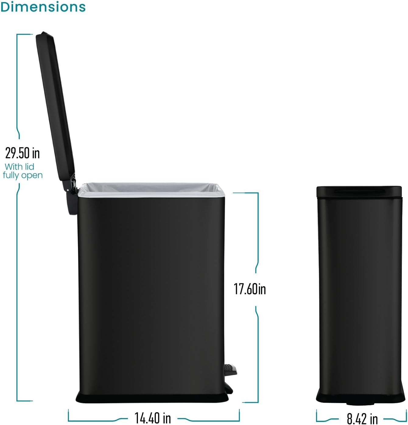 Home Zone Living 4 Gallon Slim Kitchen Trash Can with Soft Close Lid and Step Pedal, Matte Black Stainless Steel Wastebasket with Removable Bucket