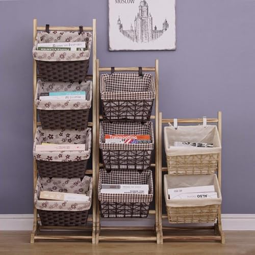 3-Tier Wicker Basket Stand with Wood Frame, Floor Standing Storage Rack with ...