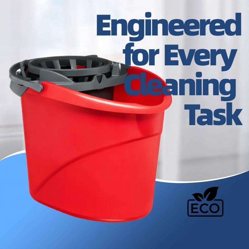 Quick Wring Hands-Free Mop Bucket 2.5 Gallon Red, Mop Bucket with Built-in Wringer for Home Hardwood Laminate Tile Floor Cleaning