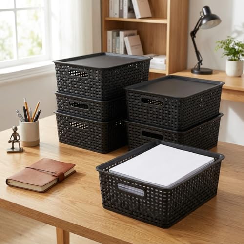 13 Quart Stackable Flat Plastic Storage Basket with Lid, 6 Packs