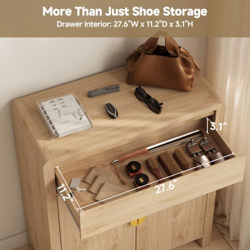 Natural Oak Shoe Storage Cabinet with Drawer, 2 Doors, Adjustable Shelves