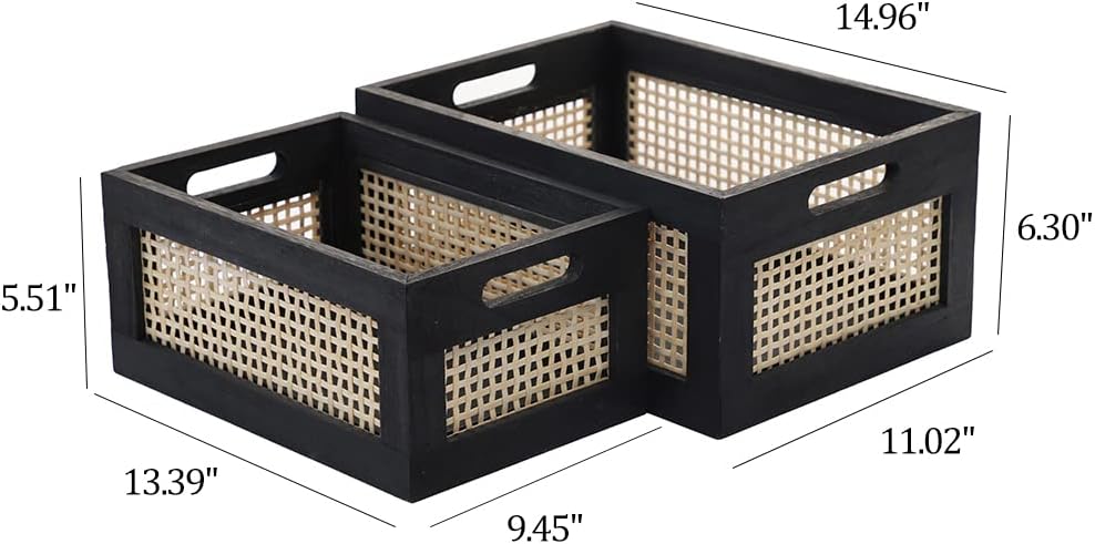 Wicker Wood Storage Baskets with Handle, Set of 2, Black