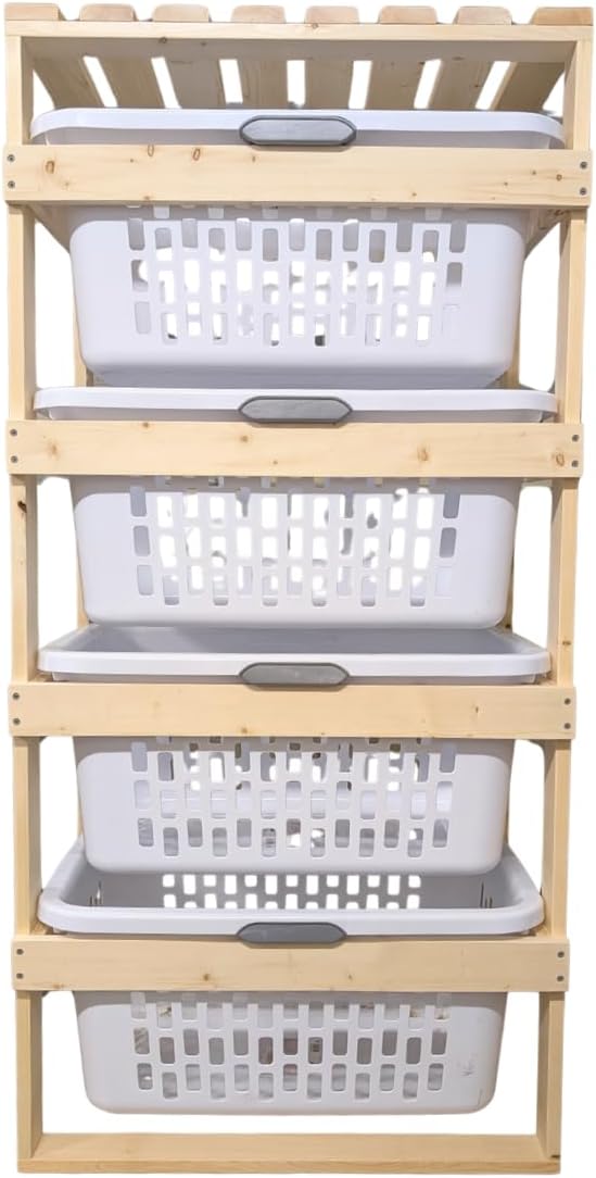 Laundry Basket Holder Storage Shelf (Solid Wood, 4 Tier, No Wheels, Wide)