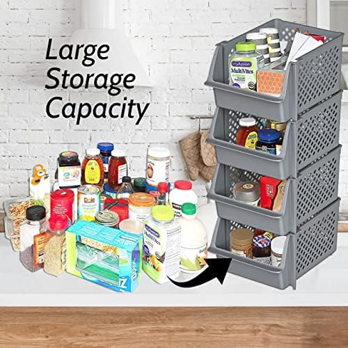 Skywin Stackable Storage Bins Open Front for Pantry Storage, 4 Pack - Grey