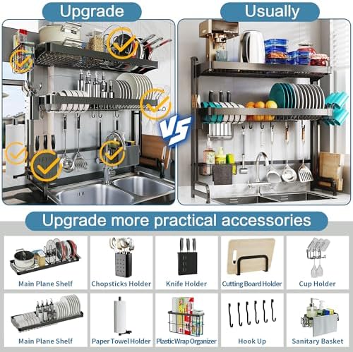 LIVOD Over The Sink Dish Drying Rack,3 Tier Adjustable Length Full Stainless ...