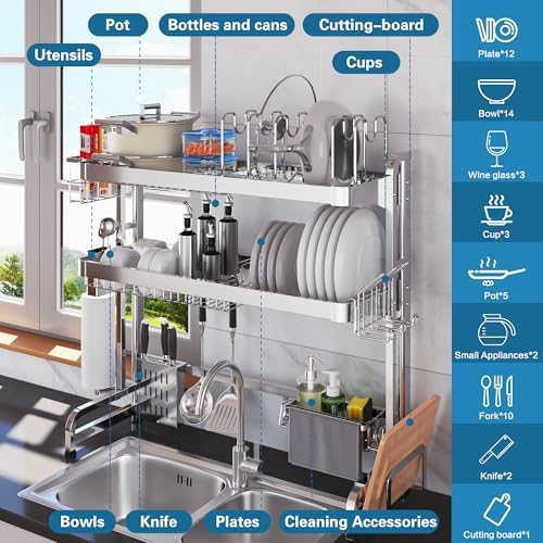 LIVOD Over The Sink Dish Drying Rack,3 Tier Adjustable Length Full Stainless ...