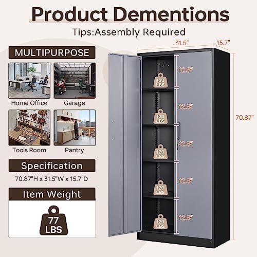 Metal Storage Cabinet with Lock,71" Garage Cabinets with 2 Doors and 4 A...