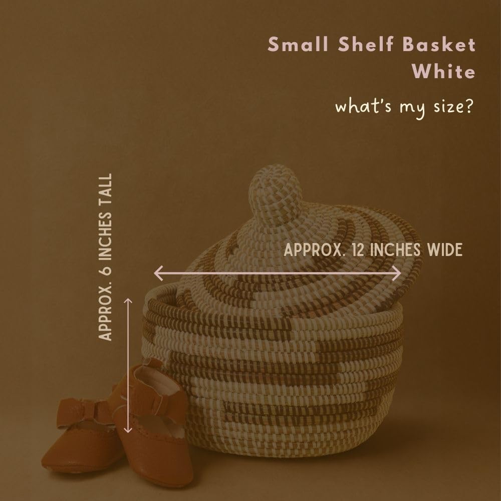 Decorative African Basket with Lid for Shelf, Brown Pattern on White, 10 Inch...