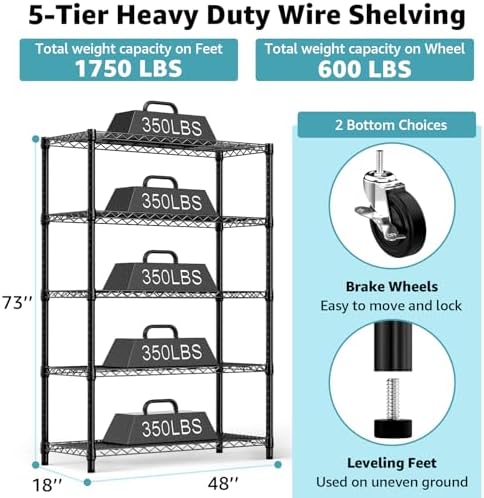 M MZG 5-Shelf Storage Shelves,Wire Shelving Heavy Duty Metal Storage Shelving...