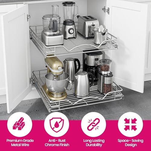 2-Tier Pull-Out Cabinet Organizer for Kitchen, 26"W x 21”D x 16.5"H