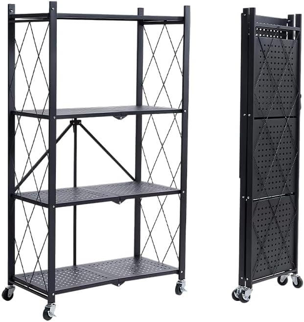 Four-Layer Foldable Storage Metal Shelf with Locking Wheels,Easy Assembly and...