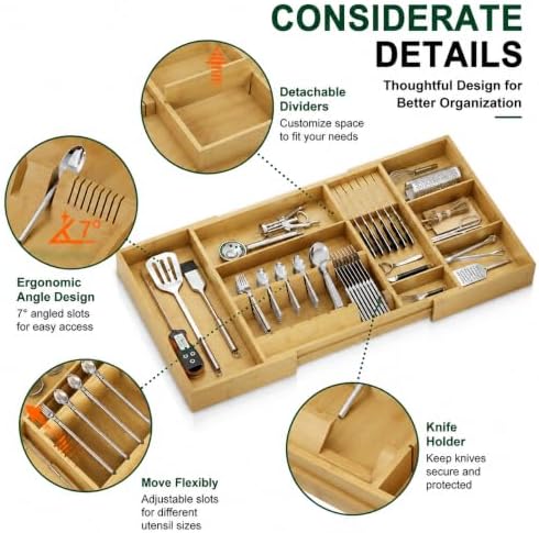 Bamboo Expandable Kitchen Drawer Organizer, 17.7-29.5 in,Natural